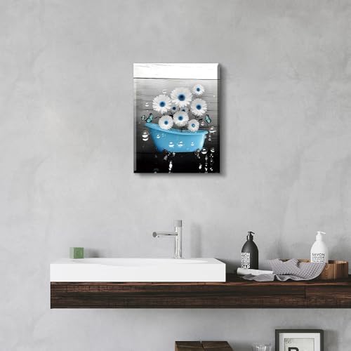 Blue Bathroom Wall Art Canvas Prints Farmhouse Wall Deocr,Blue Tub Flower Posters Washroom Aesthetic Decoration 12x16inch Framed - color: Framed-blue Tub Flower Wall Art