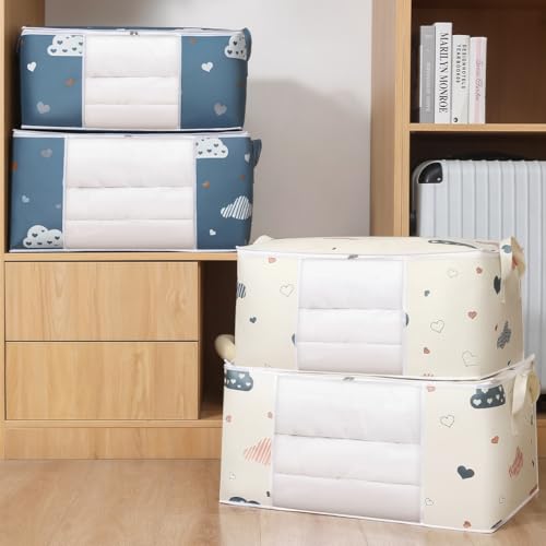 2pcs/set Large Capacity Wardrobe Storage Bag Fabric Dustproof Handles Printed Closet Organizer For Clothes Quilts, Navy&blue