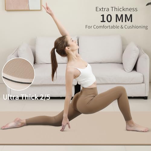 PAIDU Yoga Mat Non Slip Anti-tear,extra thick-2/5 inch(10MM)High Resiliency Professional POE Yoga Mats for Women Men Kids,72"x24"inch,Workout, Yoga, Pilates and Floor Exercise, with Carrier Strap - color: Beige+Black.