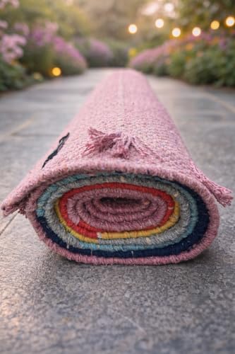 Indian Handmade100 % Organic Anti Skid Multi Colour Cotton Yoga Mat - Eco-Friendly Hand-Woven Rug - Non-Slip & Thick (24”x72”x5mm) for Hot yoga & Everyday Fitness at Home - Comfortable & Foldable Extra-Long Mat - color: Multi 8