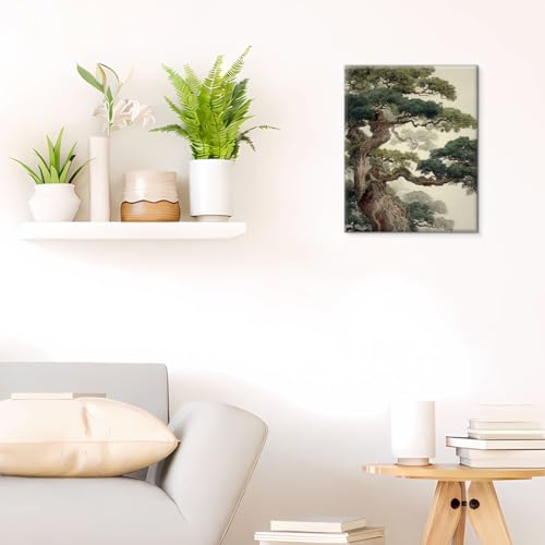 Ancient Pine Tree Wall Art Decor Japanese Nature Poster Painting Zen Botanical Wall Decor for Home Bedroom Living Room 8x10 Inch Canvas Framed
