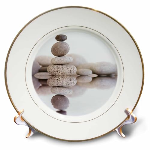 3dRose Pebble Stone Cairn Zen Style Reflecting In Water 8 inch Porcelain Plate