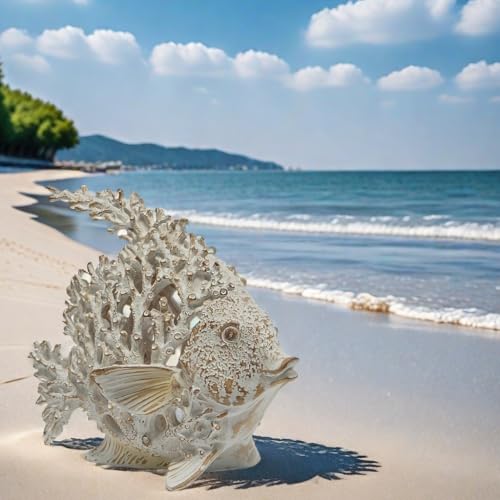 Beach Coastal Decor Coral Reef Angelfish Home Office Desk Decor Sculpture Statue for Tabletop Shelf Bathroom Decoration Ornament Gift (White)