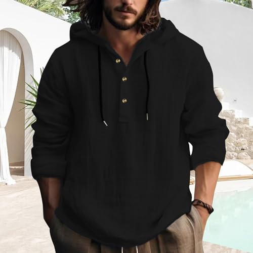 Mens Pullover Hoodie Linen Long Sleeve 4 Button Drawstring Causal Loose Lightweight Summer Beach Top - color: 2-black, size: Medium
