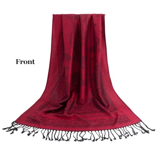 Ciormis Two Tone Silky Paisley Pashmina Shawl Scarf,Soft Women's Rave Jacquard Pashminas Wrap Scarves - color: M#. Burgundy Paisley