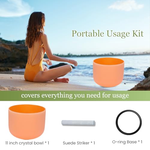 432HZ 11 Inchs Frosted Crystal Singing Bowl Set for Meditation Healing Yoga Chakra Quartz Crystal Sound Bowls with Heavy Duty Carry Case and Rubber Mallet,Suede Striker,O-rings