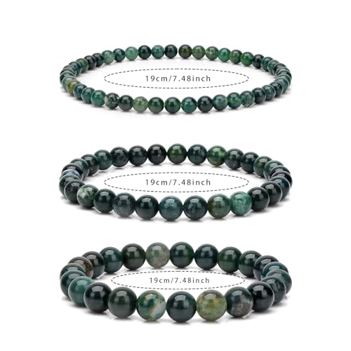 Handmade Natural Gemstone Stretch Elastic Bracelet,PE Film Anti-oxidation Packaging Natural Stone Crystal Healing Power Energy Gifts for Unisex Adult 4mm 6mm 8mm - color: Moss Agate, size: 6mm