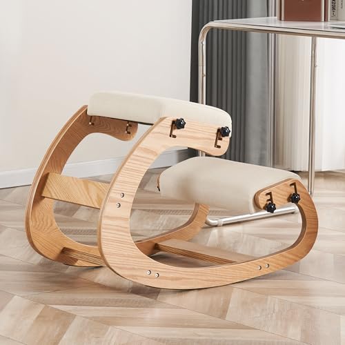 Ergonomic Kneeling Chair, Adjustable Rocking Office Chair Wooden Knee Chair Posture Chair for Home Office Back Pain Relief, Beige - color: Beige