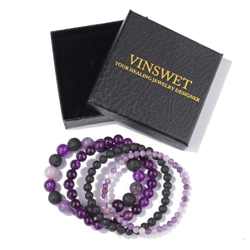 4pcs Beaded Bracelets for Women,Natural Healing Crystal Gemstones Bracelet,Anxiety Stress Relief Bracelet Handmade purple Jewelry Gifts for Women - color: Lepidolite&Lava Rock&Amethyst