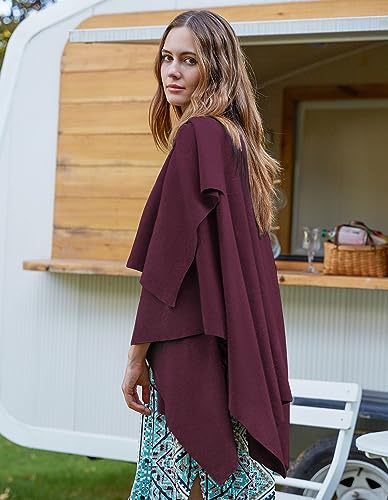 PULI Womens Large Cross Front Poncho Sweater Wrap Topper Knitted Elegant Shawls Cape for Fall Winter - color: 2-burgundy With Button