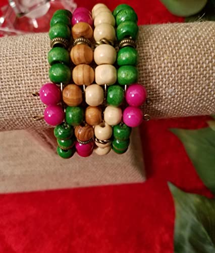 Handmade Beaded Cuff Bracelet - color: tri color wood
