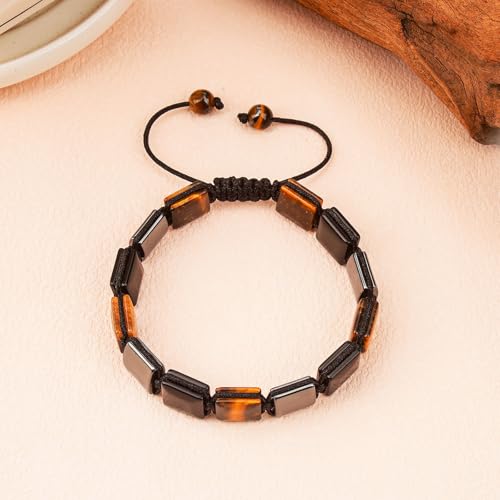 Square Natural Stone Unisex Adjustable Bracelet - Handmade with Natural Stons - Square Healing Crystal Bead Bracelet - color: Black&Tan