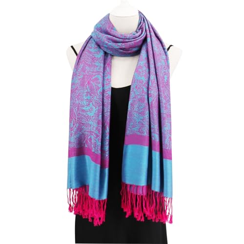 Silky Paisley Pashmina Shawl Scarf-Women's Soft Double-side Jacquard Pashminas Wrap for Evening Dress Travel Shawl - color: A-blue/Fuchsia