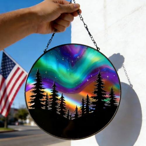 Aurora Forest Stained Glass Suncatcher – Northern Lights Window Hanging, Handmade Round Sun Catcher for Bedroom, Meditation Room, Nature Lover Gift & Winter Home Decor