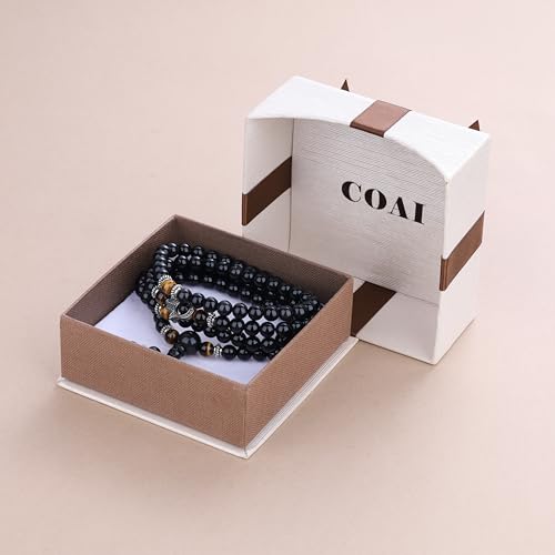 COAI 108 Mala Beads Hamsa Hand Bracelet, Wrap Bracelet Beaded Necklace for Men Women - style: Obsidian