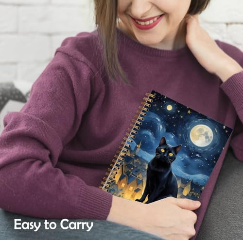 Starry Night Black Cat Notebook, Black Cat Lover Gifts Journal, Mystical Celestial Witchy Journal, Whimsical Moon Star Sky Kitten Hardcover Spiral Notebooks, 5.5x8.3 Inch - color: Color_3