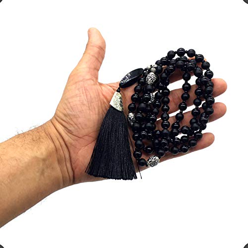 Mala Prayer Beads - Mala Necklace - Tibetan Mala Prayer Beads Meditation Beads Yoga Necklace - color: NATURAL BLACK AGATE STONE - 8MM - 108 BEADS