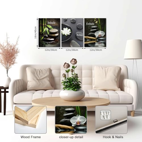 FuShvre Zen Wall Art for Bathroom Zen Stone Bamboo Lotus Orchid Flower Pictures Still Life Prints for Zen Meditation Room Wall Decor Framed 12x16 inch each piece (small) - size: 16"L x 12"W