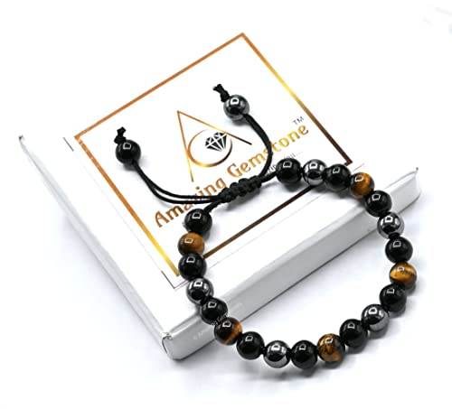 Amazing Gemstone Triple Protection Bracelet - Hematite Black Obsidian Tiger Eye Bracelet Set for Men Women Healing Calming Anxiety Stress Relief Gifts (Adjustable) - color: Triple Protection