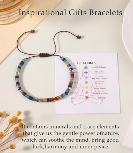 CASDAN Natural Crystal Beaded Bracelet for Women Natural Stone Adjustable Braided Rope Bracelets Spiritual Bracelet Inspirational Gifts - color: 7 Chakras