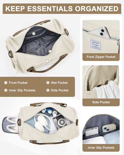 Gym Bag Womens Mens with Shoes Compartment and Wet Pocket Travel Duffel Bag for Women for Plane Sport Gym Tote Bags Swimming Yoga Small Waterproof Weekend Overnight Carry on Bag Hospital Holdalls - color: A16-Beige & Brown