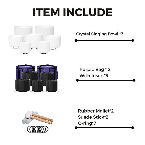 432hz Crystal Singing Bowl 6-12inch Set of 7 Pure White for Meditation Yoga Heart Chakra Meditation Heavy Duty Carrying Case with Sponge Padded Bundle Rubber Mallet Suede Striker O ring - color: White set of 7