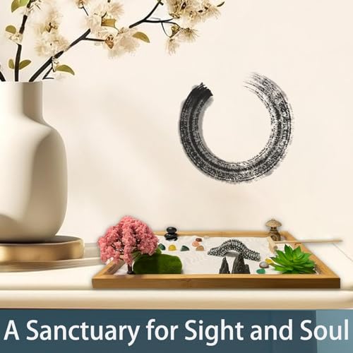 Threeheng Mini Japanese Zen Sand Garden Kit for Desk, Muti-Functional Sand Tray Therapy Kit with Bamboo Tray - Includes Ball Insense Holder Crystals and More for Meditation, Gifts (Bamboo)