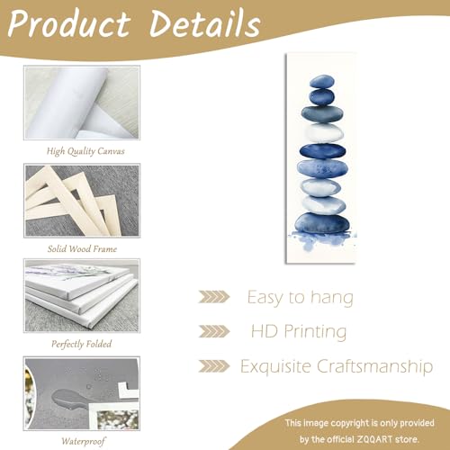 ZQQART Zen Stone Canvas Wall Art Blue and White Zen Stone Paintings Bathroom Pictures Relaxing Spa Meditation Room Spiritual Artwork for Living Room Framed (12W x36L) - size: 12W"x36L"