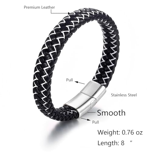 Men's Leather Bracelet, Stackable Stainless Steel Clasp Bracelets for Men Stylish Birthday, Thanksgiving, Valentine's Day Gift for My Man - style: 8" Black and White