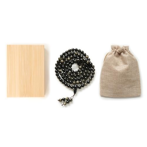 Tibetan Natural Black Obsidian Mala Beads 108, Buddhist Prayer Beads Japamala, Protection Crystal Beaded Tourmaline Bracelets, Meditation Golden Sheen Gemstone Necklace for Women Men - size: 6mm