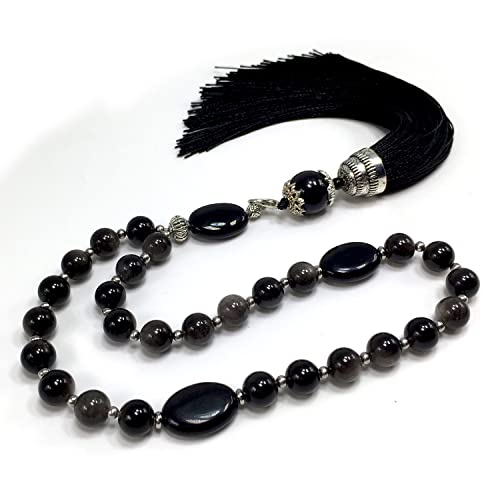Mala Prayer Beads - Mala Necklace - Tibetan Mala Prayer Beads Meditation Beads Yoga Necklace - color: (POCKET MALA)-Silver Sheen Obsidian Natural Stone -8 mm- 27 Beads