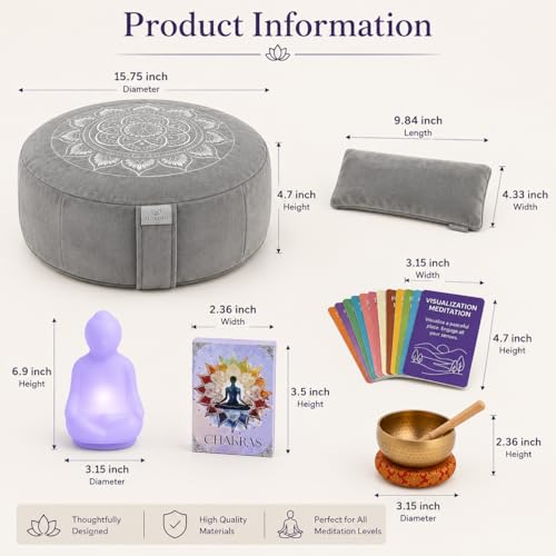 Meditation Cushion Set with Buckwheat Zafu, Breathing Light, Singing Bowl, Eye Pillow & Affirmation Cards – Meditation Kit for Beginners, Mindfulness Gift Set for Stress Relief & Yoga