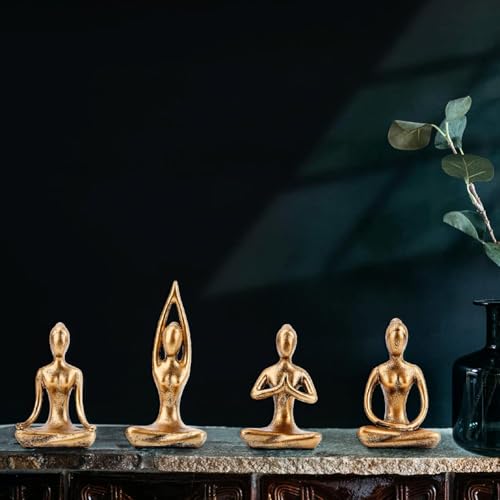 Yoga Pose Statue Set (4 Pcs), Abstract Figurines for Shelf Decor, Zen Meditation Accessories for Home & Office, Spiritual Gift (Gold)