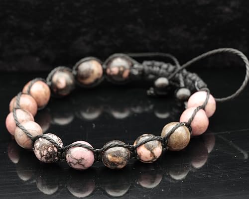 ElisaJewelryArt - Natural Black Onyx Beaded Bracelet Genuine Gemstone Strenght Crystal Macrame Bracelet Unisex Bracelet - color: Rhodonite, size: WOMEN