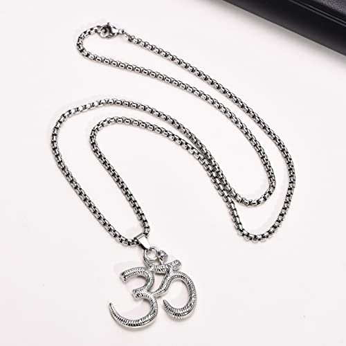 Stainless Steel Om Necklace for Men Women, gold plated/Silver/Black Yoga Charm Pendant Necklaces Aum Om Ohm Sanskrit Symbol Hindu Meditation Chain Necklace,Mens Womens Jewelry Gifts - color: Silver