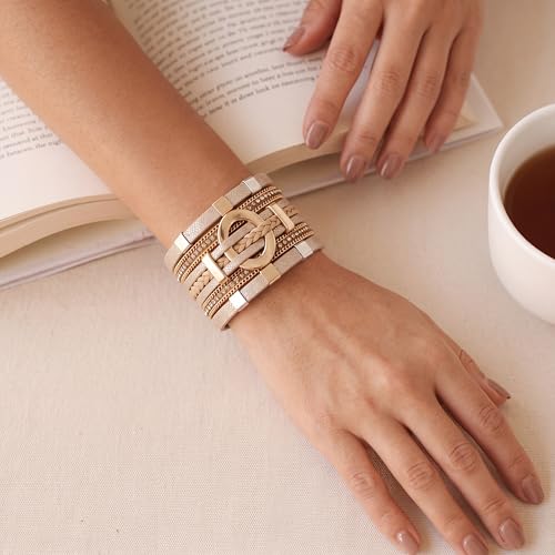 Edoneery Leather Wrap Bracelet for Women, Boho Handmade Multi-Layer Cuff with Crystal Beads Heart, Stackable Bangle Western Jewelry Gift - style: Circle Rhinestone(Gold)