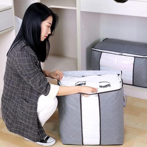 Heavy-Duty Storage Bags with Zipper, Foldable Thick Fabric Blanket Storage Bags, Waterproof Moving & Travel Organizers, Foldable Reinforced Handles (Gray)