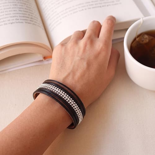 Edoneery Leather Wrap Bracelet for Women, Boho Handmade Multi-Layer Cuff with Crystal Beads Heart, Stackable Bangle Western Jewelry Gift - style: Rhinestone(Black)