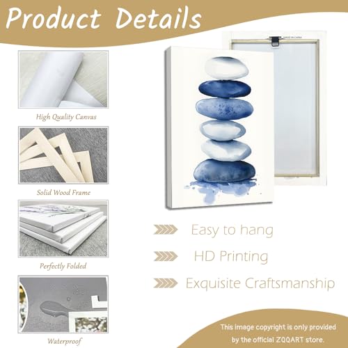ZQQART Zen Stone Canvas Wall Art Blue and White Zen Stone Paintings Bathroom Pictures Relaxing Spa Meditation Room Spiritual Artwork for Living Room Framed (24W x 36L) - size: 24W" x 36L"