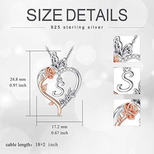 TOUPOP Gifts for Women Her 925 Sterling Silver Rose Heart Initial Necklace Butterfly Heart Jewelry Anniversary Birthday Gifts for Wife Girlfriend Mom - color: S Initial