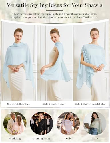 Chiffon Cape Shawl Wrap Scarf 3 Ways to Wear Elegant Sheer Capelet for Evening Dresses Weddings Parties - color: Baby Blue