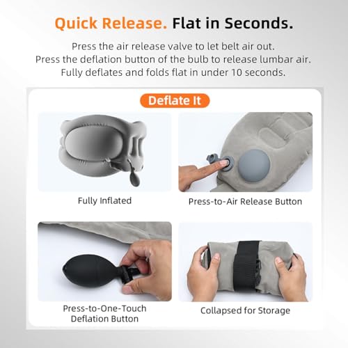 Inflatable Back Support Pillow for Travel – Foldable Travel Back Pillow for Airplane, Office, Car, Home – Adjustable Belt & Hand-Press Inflation, Compact & Lightweight