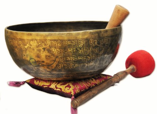 Royal Kurta 11"" Finest Meditation Mantra carved Singing bowl, Etching Tibetan Art Singing Bowl With Drum Stick Cushions and Mallet,Bowls from tibet, SINGING-NEW-337