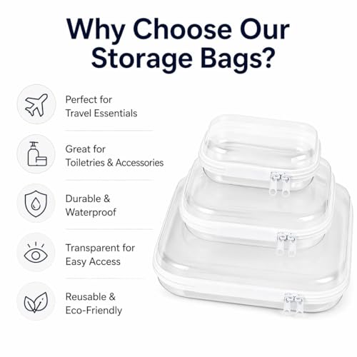 3-Pack Clear Hard Shell Zipper Cases, Crush-Proof Transparent TSA Approved Organizer Bags for Makeup, Cosmetics, Toiletry, Diaper, Toys, Tech & Art Supplies Small Medium Large