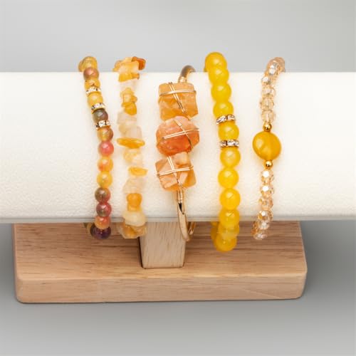 5PCS Natural Boho Beaded Bracelets Bangle for Women Men,Healing Turquoise Jasper Agate Crystal Gemstone Stone Chakra Multilayer Wrap Bohemian Handmade Jewelry Beads Stretch Bracelet Set - color: Yellow