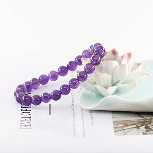 Natural Gemstones Bracelet 8mm Chakra Round Beads Energy Power Crystal Reiki Healing Elastic Stretch 7 Inch for Women Men Unisex - color: Amethyst