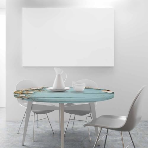 Seashells Round Table Cloth Wooden Nautical Starfish Elastic Edged Table Cover Fade and Stain Resistant Table Cloths Easy to Clean Fits Tables 40-44" Diameter - color: Seashells