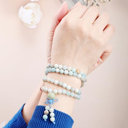 AD Beads 6mm 8mm 108 Prayer Mala Jasper Elastic Bracelet - Handmade Yoga Meditation Healing Power Energy Gifts for Unisex Adult. - color: Amazonite(True Self)