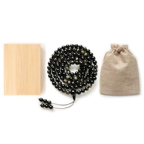 Tibetan Natural Black Obsidian Mala Beads 108, Buddhist Prayer Beads Japamala, Protection Crystal Beaded Tourmaline Bracelets, Meditation Golden Sheen Gemstone Necklace for Women Men - size: 8mm