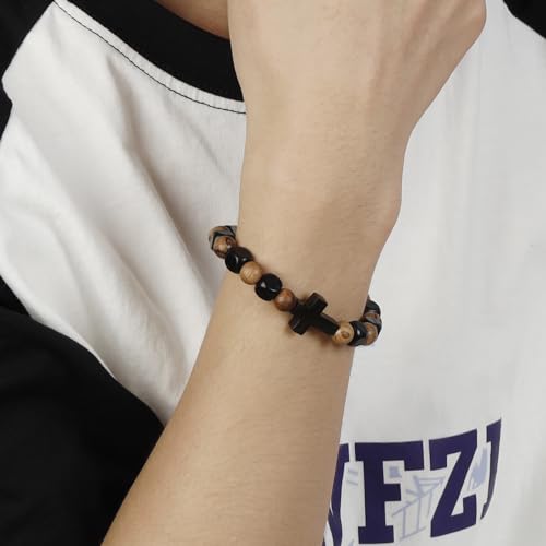 MILAKOO Wooden Bracelet with Black Stainless Steel Cross Charms Bead Christian Gifts for Women Men - color: C4